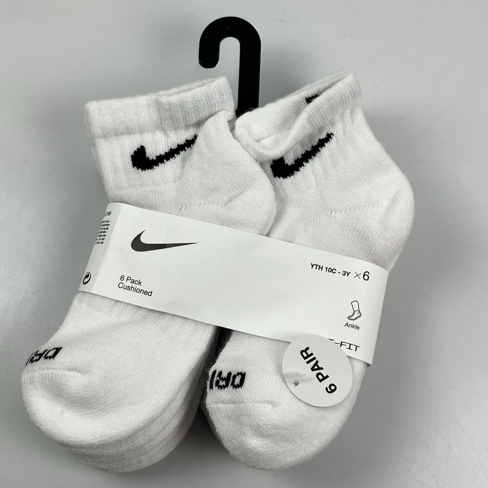 NWT Nike 6 Pack Cushioned YTH 10C - 3Y White Ankle Socks